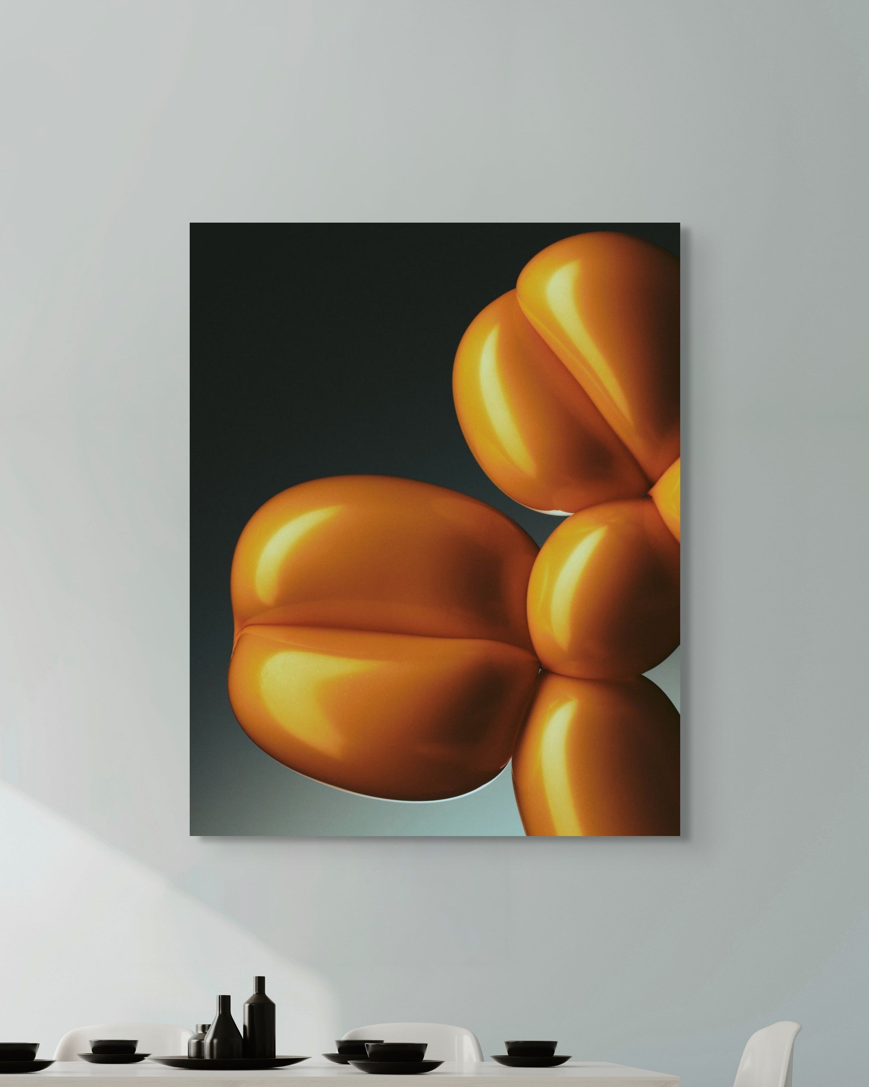 Framed artwork of a balloon dog sculpture on a wall above a dining table.