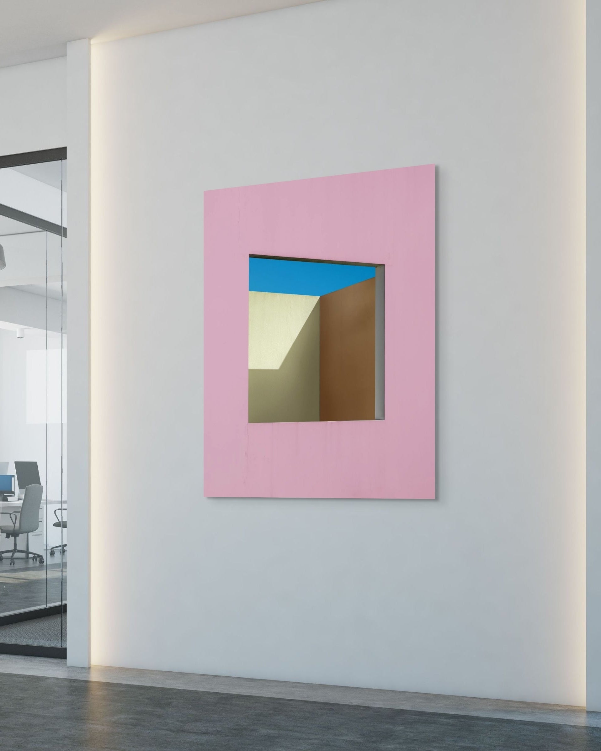 Modern metal wall print on a white wall.