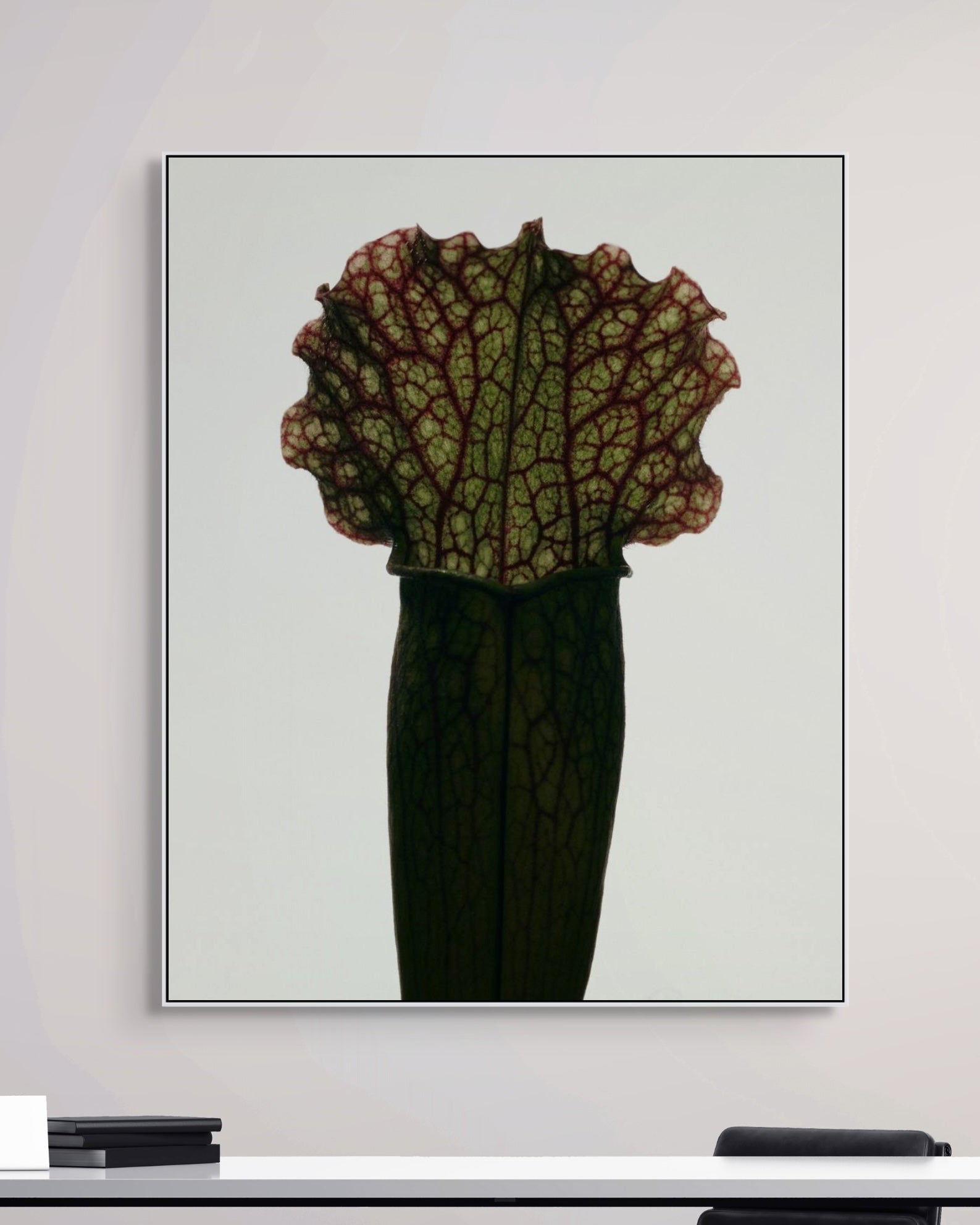 Framed artwork of a leafy plant on a white wall above a desk.