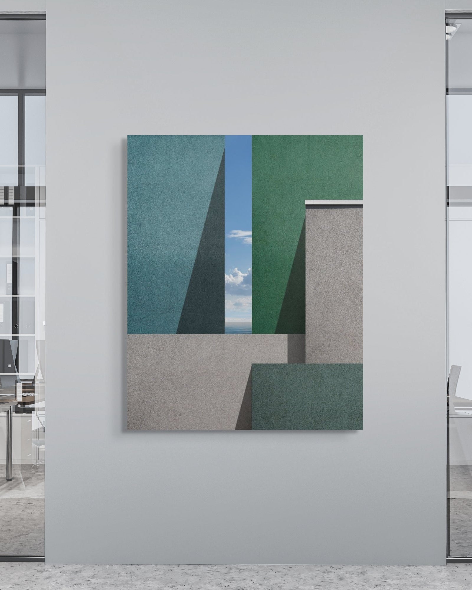 Architectural metal wall art displayed in a modern office with glass walls and neutral finishes.