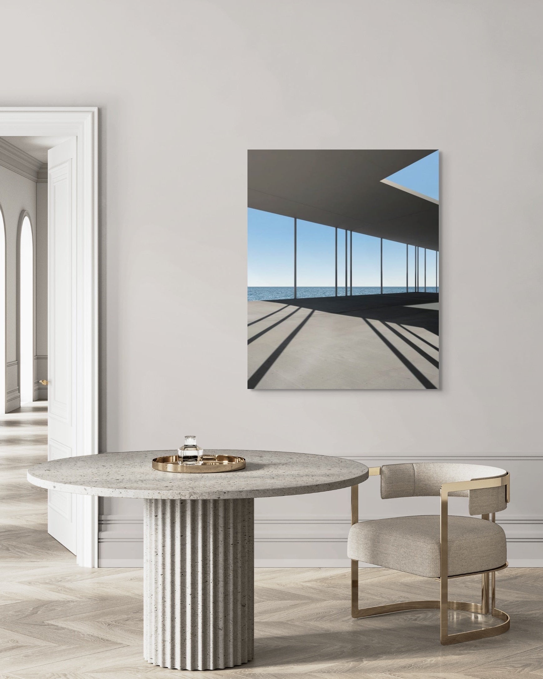 Modern dining room with marble table and chair, abstract art on wall