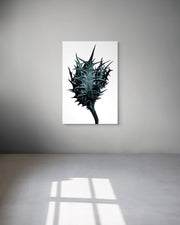 Framed artwork of a black and white abstract design on a white wall.