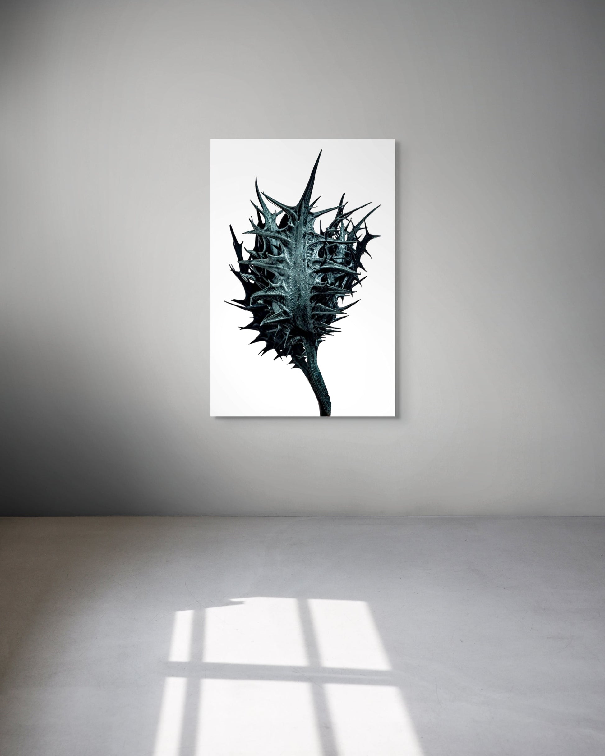 Framed artwork of a black and white abstract design on a white wall.