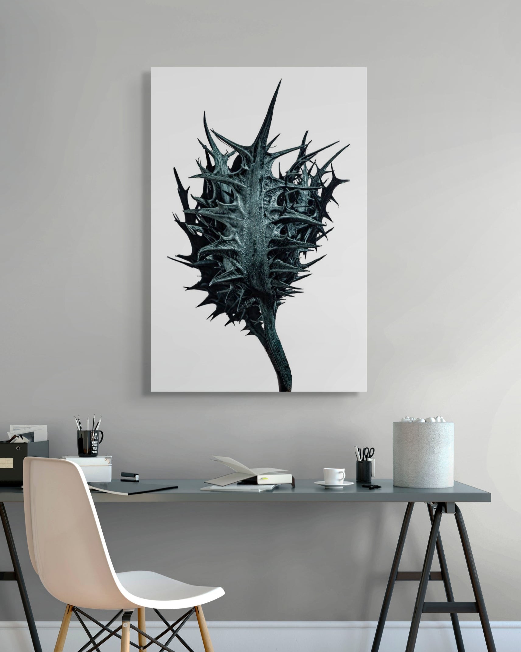 Framed black and white fine art print, Thorn by Sivan Roshianu, ready to hang metal print in a modern interior with a black and white abstract art piece on a gray wall above a desk.